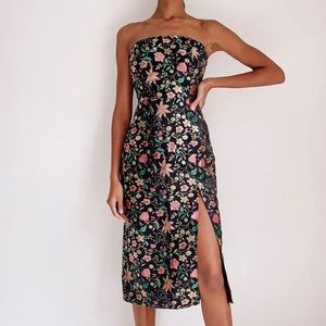 NWT Make a Move Black Satin Floral Jacquard Strapless Midi Dress